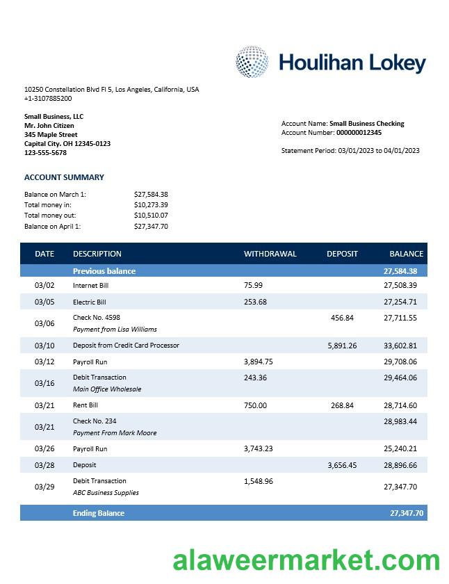 Houlihan Lokey Inc Bank company checking account statement Word and PDF template